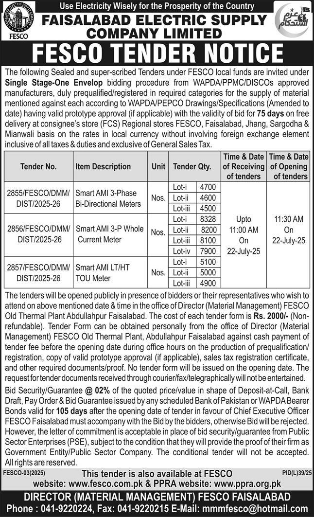 Faisalabad Electric Supply Company Limited Tender Notice